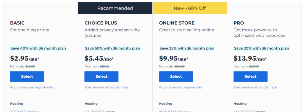 An image showing the pricing plans of Bluehost, a web hosting company. The plans include shared hosting and WordPress managed hosting, with different prices and features to suit different needs and budgets. The pricing ranges from $2.95/month for the Basic shared hosting plan to $39.95/month for the Choice Plus WordPress managed hosting plan. The image also includes information about the key features of each plan, such as website space, bandwidth, automatic updates, and advanced security.