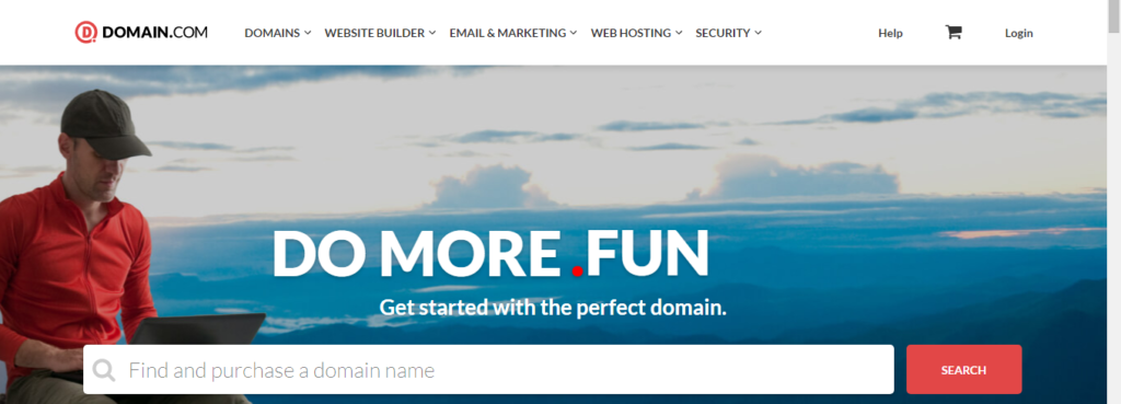 Domain.com website homepage featuring website hosting and design tools