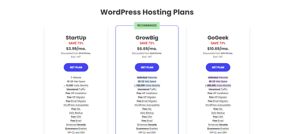 Siteground hosting plan pricing table, featuring a list of hosting plans with their corresponding monthly prices.
