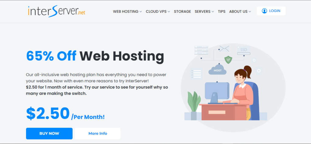 InterServer homepage featuring website building tools, domain registration, and web hosting services.
